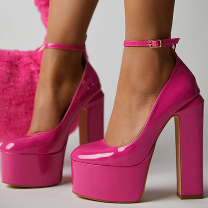 Fashion Thick Sole Pumps Block High Heel Round Toe Ankle Strap Women Dress Shoes Platform Sandal Patent Big Size 43