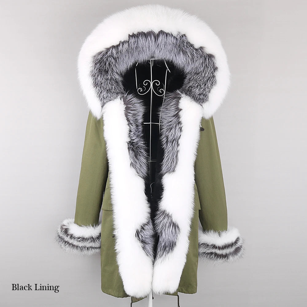 2024 Winter Jacket Women Natural Raccoon Fur Collar  Real Fur Coat Color matching Hood Cuffs Thick Warm Outerwear New Long Parka