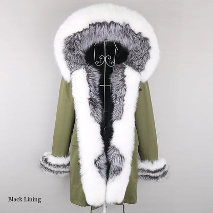 2024 Winter Jacket Women Natural Raccoon Fur Collar  Real Fur Coat Color matching Hood Cuffs Thick Warm Outerwear New Long Parka