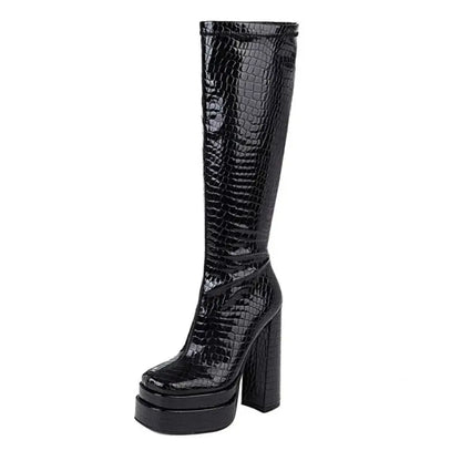 Botas De Mujer Zipper Side Think Bottom Winter Fall Knee High Leather Black Chunky Platform Women Boots