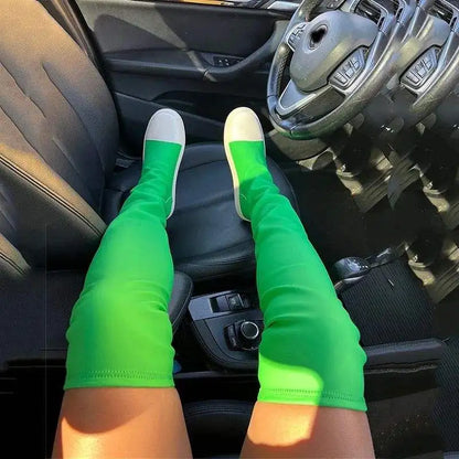 Green/Orange 2025 Botas Largas  Leather Over Knee High Flat Boots for Women