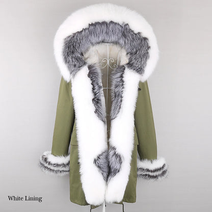 2024 Winter Jacket Women Natural Raccoon Fur Collar  Real Fur Coat Color matching Hood Cuffs Thick Warm Outerwear New Long Parka