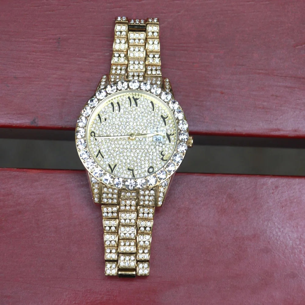 Brand Hip Hop 18k Gold Plated Steel CZ Diamond Wrist Men Watches
