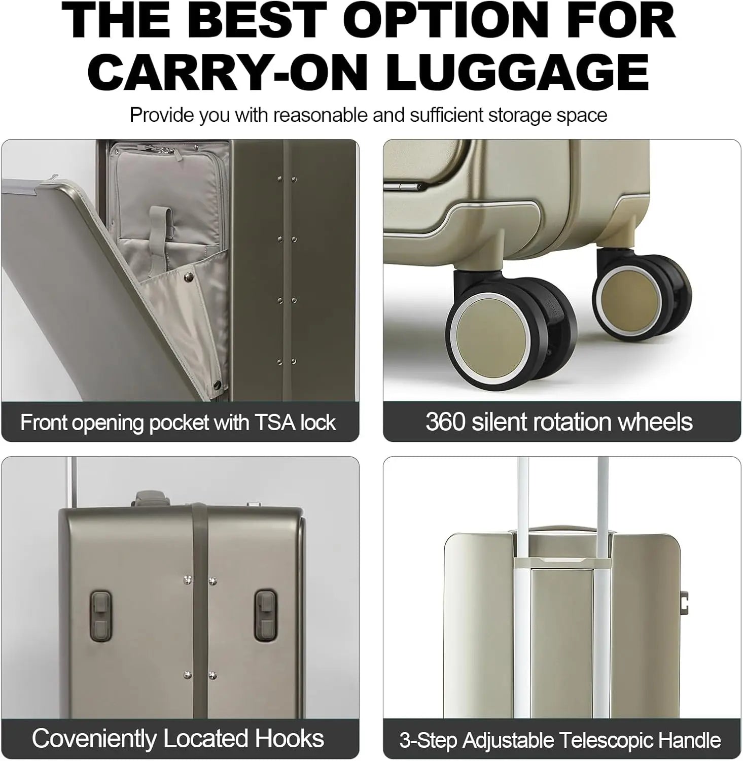 20-inch Front-Opening Grey PC Carry-On Suitcase with TSA Lock Lightweight Durable Luggage for Business Travel & Personal...