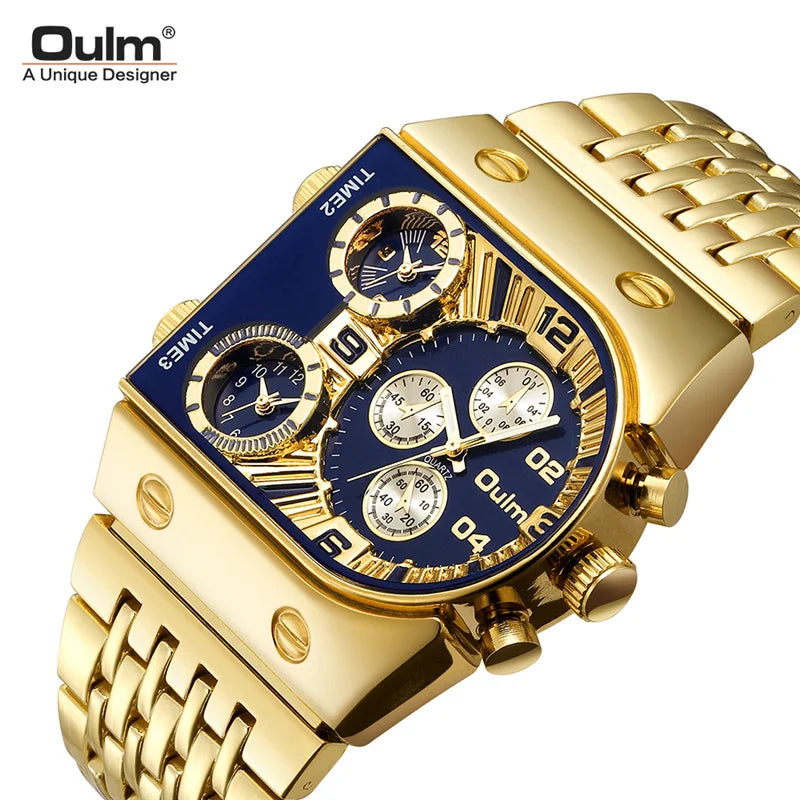 2024 New Oulm Quartz Watches Men Military Wristwatch Luxury Brand Golden Stainless Steel Male Watch Big Relogio Masculino
