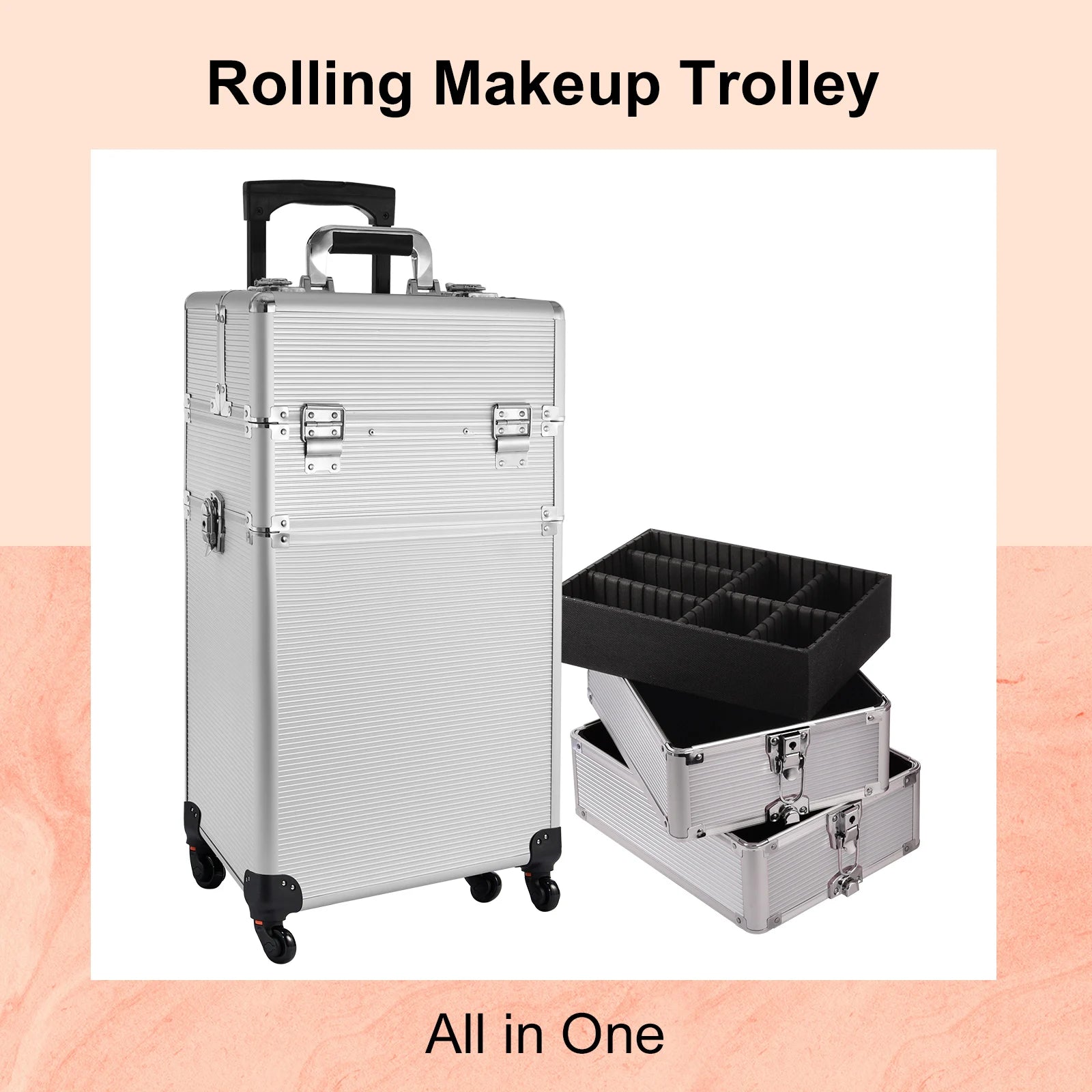 Hot Selling Professional Large 4-in-1 Rolling Makeup Case Eco-Friendly Aluminum Practical Lockable Train Extendable Portable