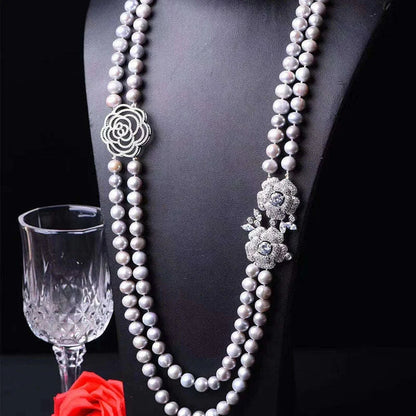 2ROWS freshwater pearl WHITE/GRAY ROUND 8-9MM necklace 24-26" FPPJ wholesale for woman gift