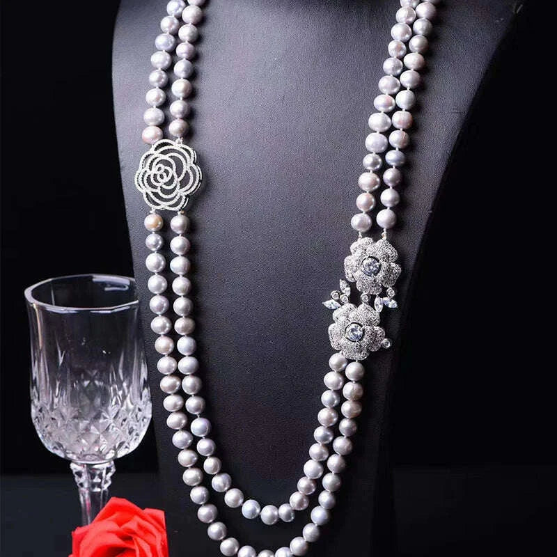 2ROWS freshwater pearl WHITE/GRAY ROUND 8-9MM necklace 24-26" FPPJ wholesale for woman gift