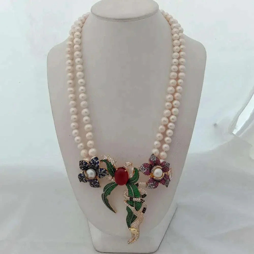 21" 2 Rows White Round freshwater Pearl Necklace  cz pave annimal  flower monkey gold color plated Pendant luxury wedding