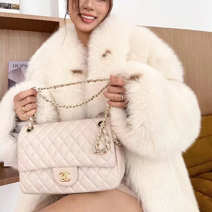 Women's Full Leather Fox Fur Coat with Midi Loose Spotted Design Shawl Collar Winter Casual Print Outerwear