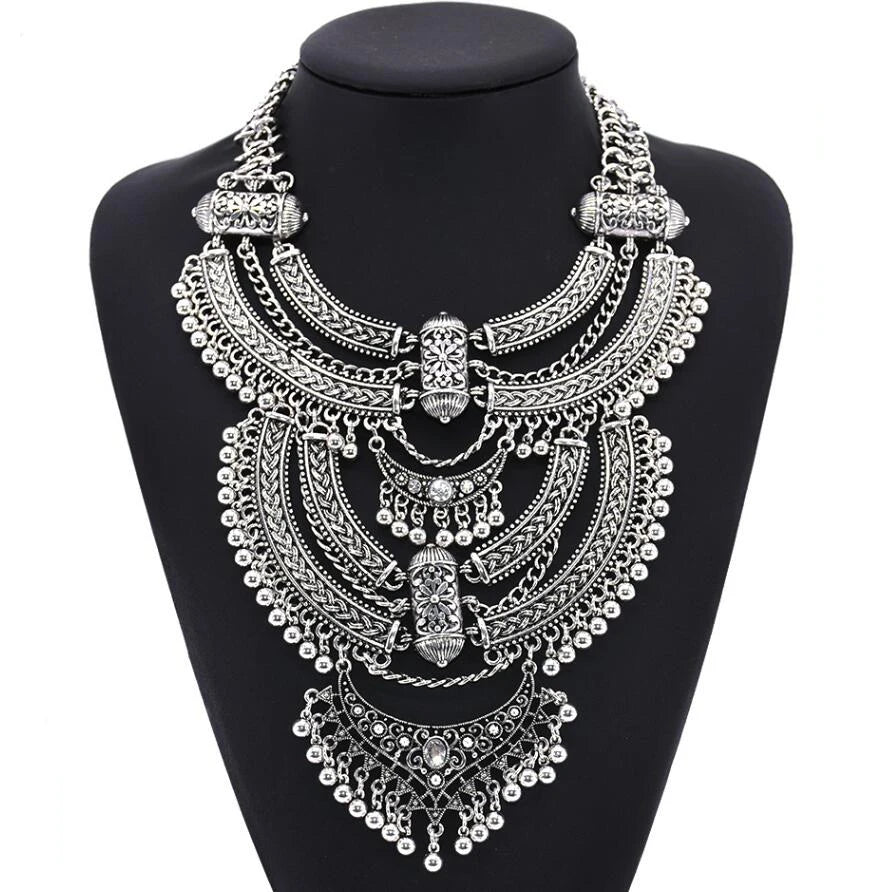 Indian Fashion Silver Plated Vintage Statement Large Necklace Women Boho Ethnic Maxi Big Collar Chunky Choker Necklace Jewelry