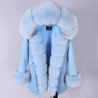 MAOMAOKONG 2024 Winter Women Coat Natural Fox Fur Collar Cuff Black Jackets Outwear Thick Luxury Real Fur Parka Women's Fur Coat