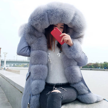 MAOMAOKONG 2024 Winter Women Coat Natural Fox Fur Collar Cuff Black Jackets Outwear Thick Luxury Real Fur Parka Women's Fur Coat