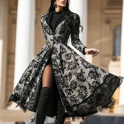 Women's Dress Autumn Winter Women's Coat 2021 Long Sleeve Medieval Lace Stitching Jacket Slim and Elegant Long Black Dresses