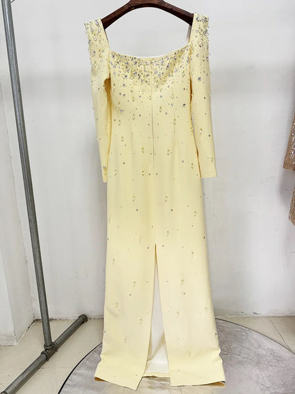 LS2656 Ladies Casual Dress Solid Square Neck Long Sleeve Crystal Party Luxury Dresses Women Elegant