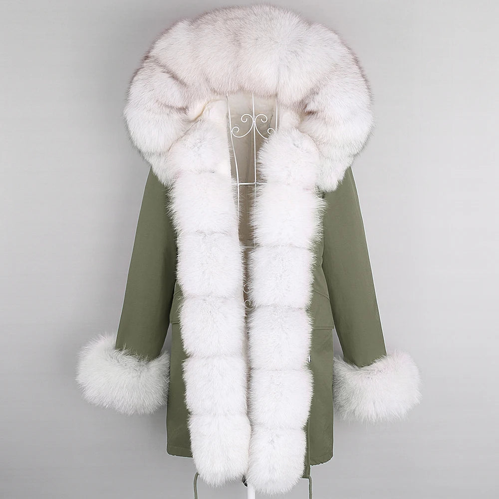 2024 Winter Jacket Women Natural Raccoon Fur Collar  Real Fur Coat Color matching Hood Cuffs Thick Warm Outerwear New Long Parka