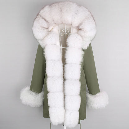 2024 Winter Jacket Women Natural Raccoon Fur Collar  Real Fur Coat Color matching Hood Cuffs Thick Warm Outerwear New Long Parka