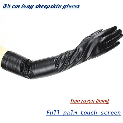 Long Sheepskin Gloves Women's Genuine Leather 58cm Length Sleeve Velvet Lining Keeps Warm in Autumn and Winter