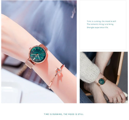 Shengke Women Watches Starry Green Dial Mesh Band Ladies Wristwatch Ultra-thin Stainless Steel Strap Quartz Montre Femme Gift