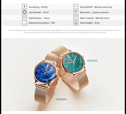 Shengke Women Watches Starry Green Dial Mesh Band Ladies Wristwatch Ultra-thin Stainless Steel Strap Quartz Montre Femme Gift