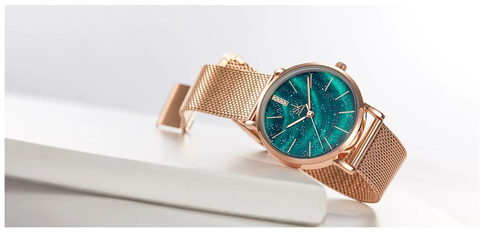 Shengke Women Watches Starry Green Dial Mesh Band Ladies Wristwatch Ultra-thin Stainless Steel Strap Quartz Montre Femme Gift