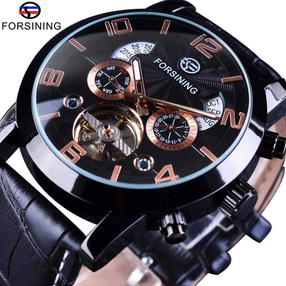 Forsining Tourbillion Fashion Wave Black Golden Clock Multi Function Display Mens Automatic Mechanical Watches Top Brand Luxury