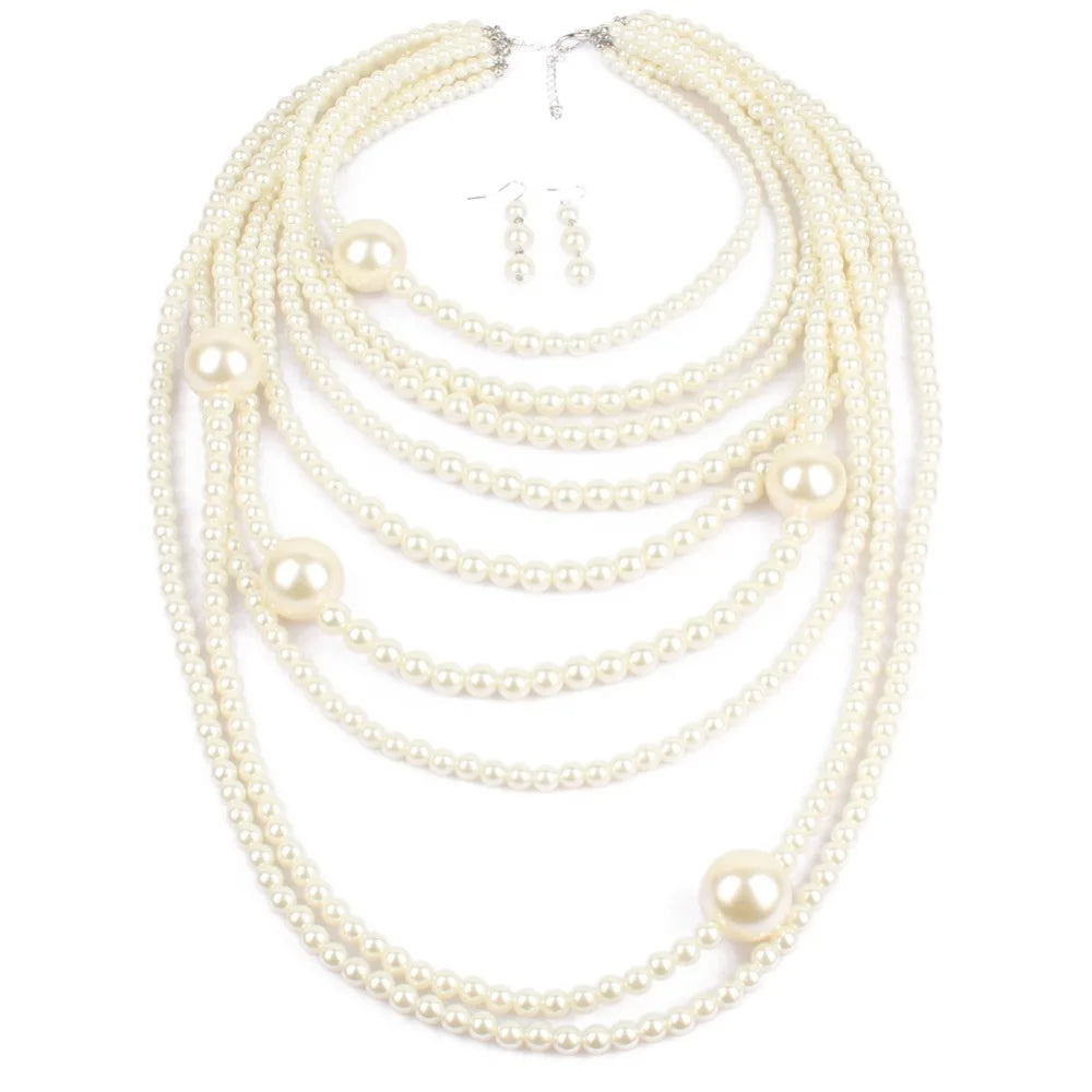 Fashion Brown White Multilayer Imitation Pearls Necklace Earrings Jewelry Sets Women Indian Statement Maxi Long Collar Necklace
