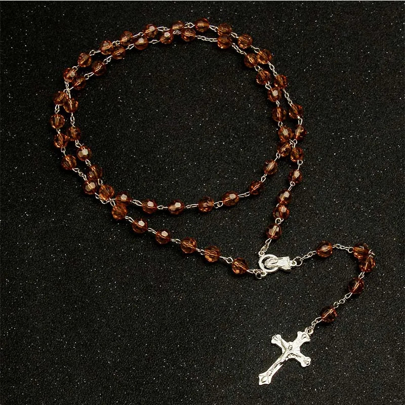 8mm fashion rosary ladies necklace high quality diy Jesus Christian cross necklace and pendant long chain jewelry jewelry