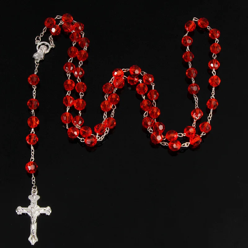 8mm fashion rosary ladies necklace high quality diy Jesus Christian cross necklace and pendant long chain jewelry jewelry