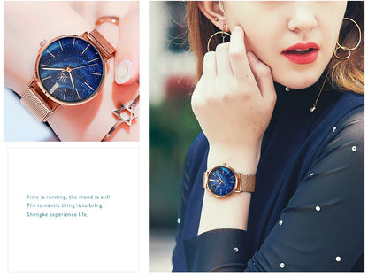 Shengke Women Watches Starry Green Dial Mesh Band Ladies Wristwatch Ultra-thin Stainless Steel Strap Quartz Montre Femme Gift