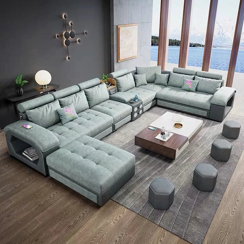 IB010 Home Living Room Microfiber Fabric Sofa with Bluetooth Speakers USB Charger Cup Holder Extendable Storage...