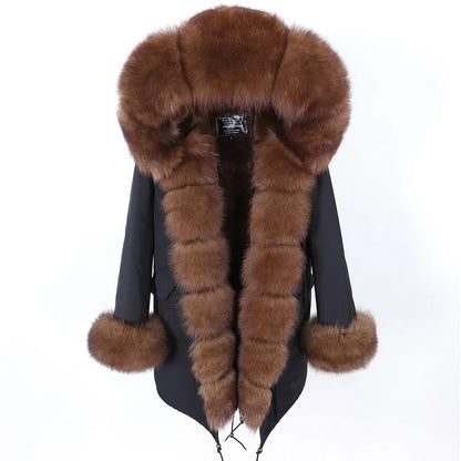 MAOMAOKONG 2024 Winter Women Coat Natural Fox Fur Collar Cuff Black Jackets Outwear Thick Luxury Real Fur Parka Women's Fur Coat