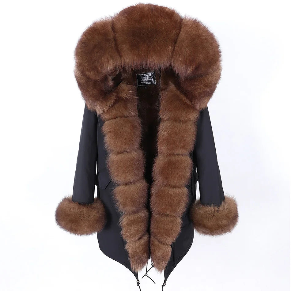 MAOMAOKONG 2024 Winter Women Coat Natural Fox Fur Collar Cuff Black Jackets Outwear Thick Luxury Real Fur Parka Women's Fur Coat