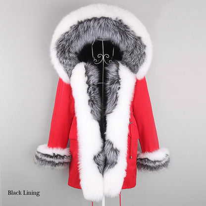 2024 Winter Jacket Women Natural Raccoon Fur Collar  Real Fur Coat Color matching Hood Cuffs Thick Warm Outerwear New Long Parka
