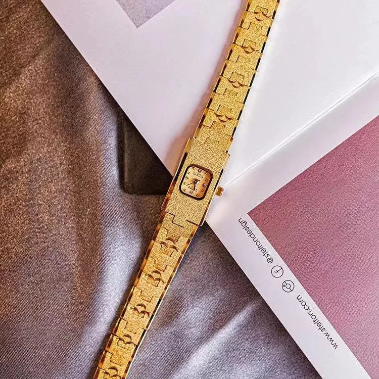 High quality 24K gold no fade brass band women watches diamond small dial square fashion luxury wristwatch for lady retro