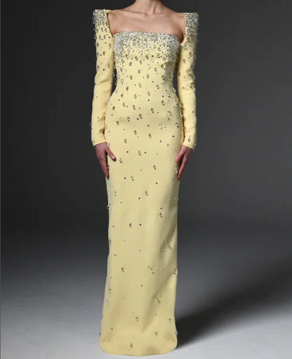 LS2656 Ladies Casual Dress Solid Square Neck Long Sleeve Crystal Party Luxury Dresses Women Elegant