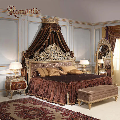 French Classical Style Solid Wood Bedroom Furniture Set with Antique Gold Leaf Decoration and Luxurious Antique Bed - Kimlud