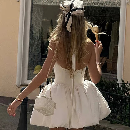 RedPeony Women New Elegant Backless Pleated Puff Hem Mini Dress Chic Solid High Waist Lace up Gowns Lady Vacation Mini Dress