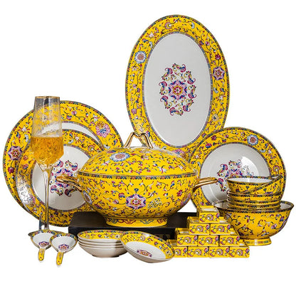 70 Pcs High-End Bone China Tableware Set Enamel Color Bowl Chopstick Plate Bowls for Household Perfect Dinnerware Gift - Kimlud