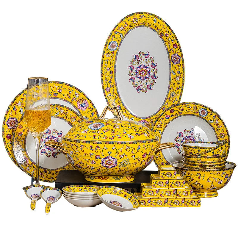 70 Pcs High-End Bone China Tableware Set Enamel Color Bowl Chopstick Plate Bowls for Household Perfect Dinnerware Gift - Kimlud