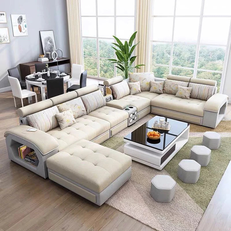 IB010 Home Living Room Microfiber Fabric Sofa with Bluetooth Speakers USB Charger Cup Holder Extendable Storage...