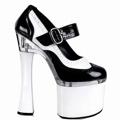 18CM High Heeled Shoes Super Big Size Shallow Pumps 7 Inches Peep Toe Thick Platform Patent Leather Buckle Strap Pole Dance