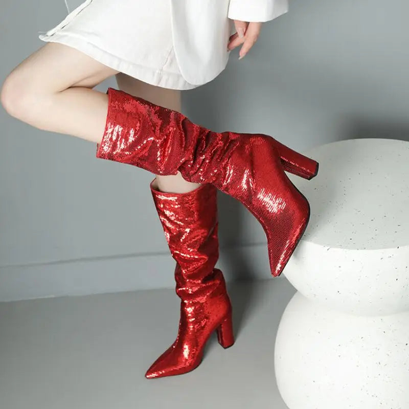 Bling New Botas Alto Chunky Heel Shoes 2025 Knee-High Women Boots