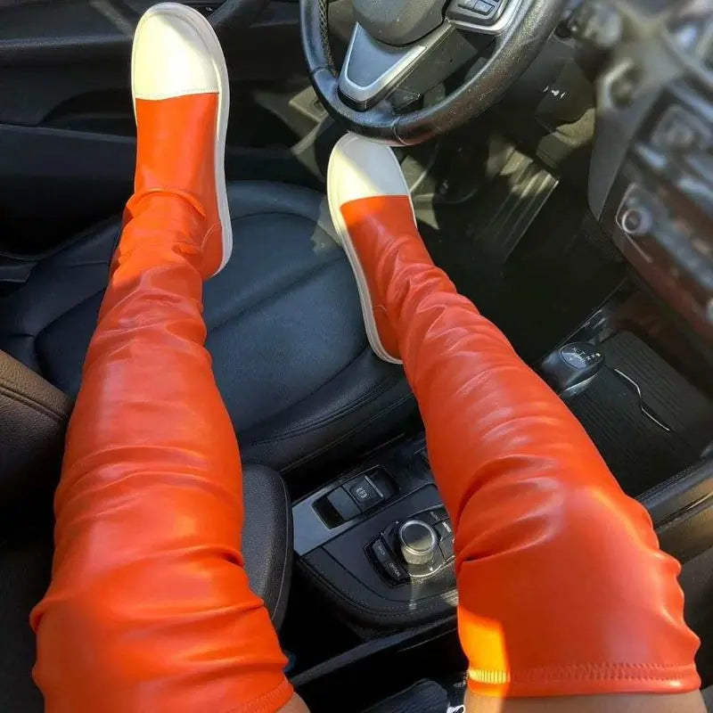 Green/Orange 2025 Botas Largas  Leather Over Knee High Flat Boots for Women