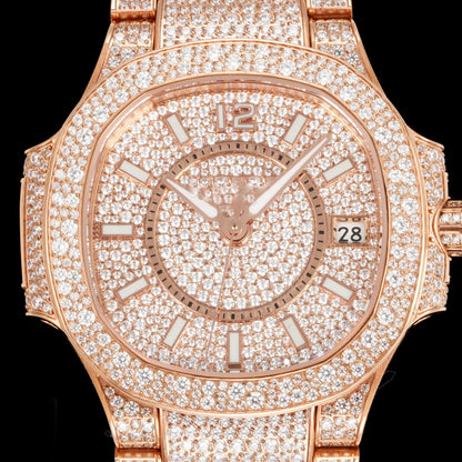 Men's Rose Tone Full Diamond Wristwatch Pillow Case Design Dense Stone Setting Date Display Stylish High End Luxury Timepiece