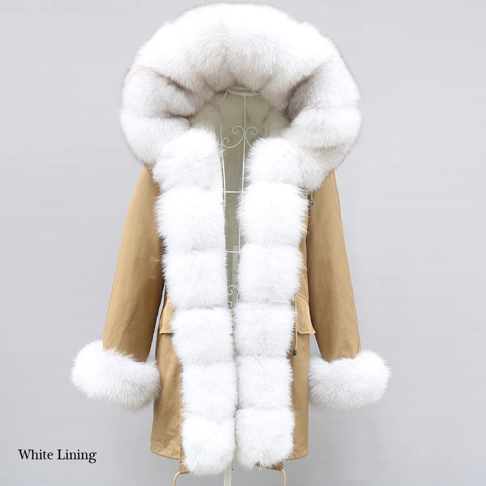 2024 Winter Jacket Women Natural Raccoon Fur Collar  Real Fur Coat Color matching Hood Cuffs Thick Warm Outerwear New Long Parka