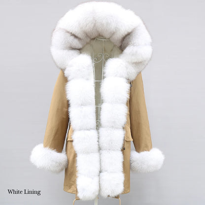 2024 Winter Jacket Women Natural Raccoon Fur Collar  Real Fur Coat Color matching Hood Cuffs Thick Warm Outerwear New Long Parka
