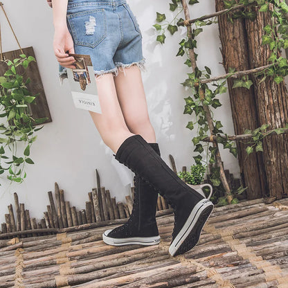 Canvas Long Boots for Women High Top Women Canvas Shoes Lace Up Knee High Boots Flats Casual Vulcanized Shoes Sneakers Girls