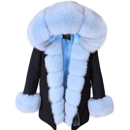 MAOMAOKONG 2024 Winter Women Coat Natural Fox Fur Collar Cuff Black Jackets Outwear Thick Luxury Real Fur Parka Women's Fur Coat