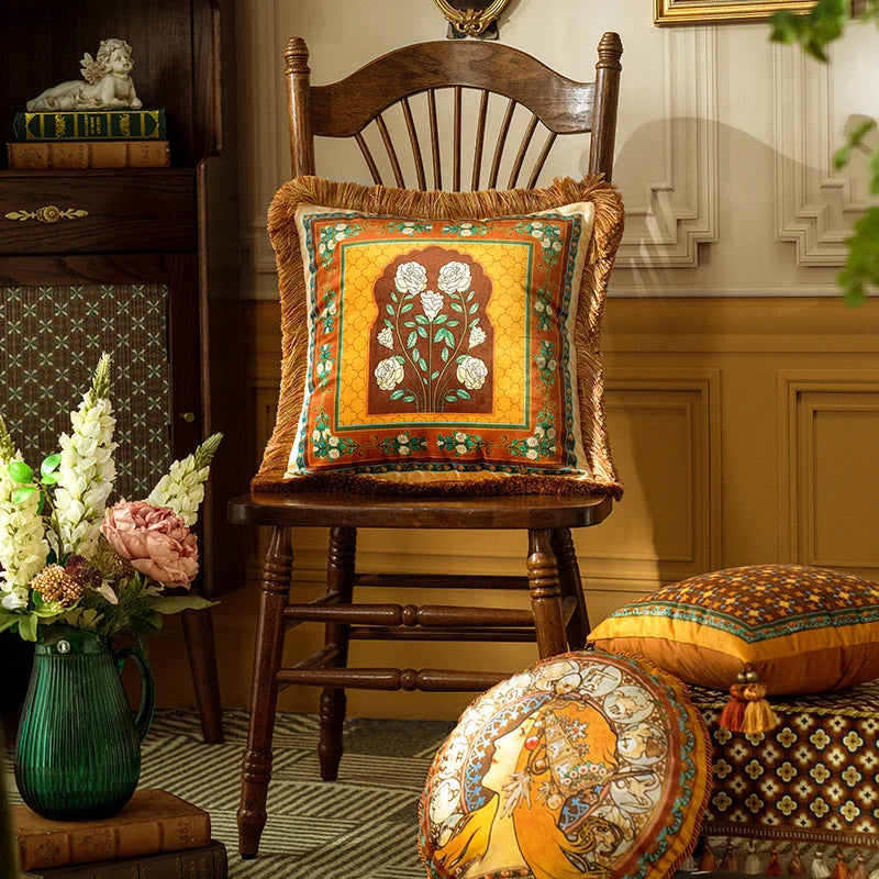 Throw Velvet Cushion Cover with Heavy Tassel,Vintage Home Decoration,Luxurious Pillowcase,Camelli Alphonse Maria Mucha...